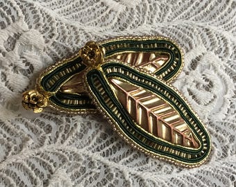 Statement Earrings, Soutache Earrings, Handmade Earrings, Gold Green Earrings, Gold Soutache Earrings, Leaf Earrings, Long Earrings
