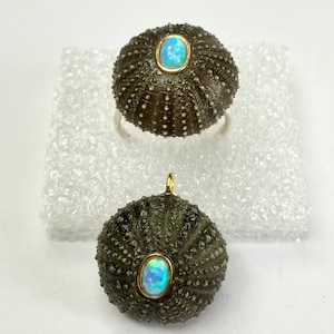 Könnte beinhalten: Ein Paar Seeigel-Schmuckstücke, ein Ring und ein Anhänger, beide mit einem hellblauen Opal-Edelstein, der in Gold gefasst ist.