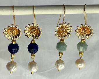 Earrings, gemstone, pearl, sapphire, aquamarine, stainless steel gold-plated, faceted, ear hook, freshwater pearl,