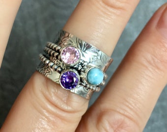 Drehring, beweglicher Ring, Spinner Ring, Larimar, Rosen Quarz, Lavendel Quarz, 925 Silber, Spielring, 3 Ringe,