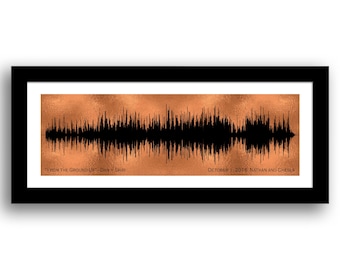 May include: A copper-colored print of a sound wave with the text "From the Ground Up" Dan + Shay and "October 1, 2016 Nathan and Chesla" printed below the wave.