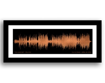 May include: A framed print of a copper-colored sound wave on a black background. The text "You and Me - You&Me" and "Kim & Craig - April 24, 2015" is printed below the sound wave.