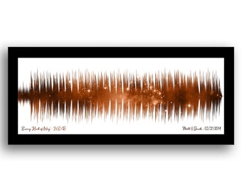 May include: A brown and orange sound wave art print with a galaxy background. The text "Every Kind of Way: H.E.R." is in the bottom left corner and "Matt & Sarah - 03/31/2014" is in the bottom right corner.