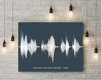 May include: A dark blue canvas print featuring a white sound wave design. The text "I love you to the moon and back - David" is printed at the bottom. The artwork is displayed against a brick wall, with hanging light fixtures.