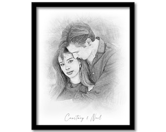 Custom Pencil Sketch Couple Portrait – Personalized Valentine’s Day Gift for Couples | Romantic Anniversary & Love Art Print