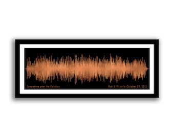 May include: Framed artwork featuring a copper-colored soundwave design against a black background. The text "Somewhere over the Rainbow" is on the left, and "Rob & Michelle October 24, 2015" is on the right. The frame is black.