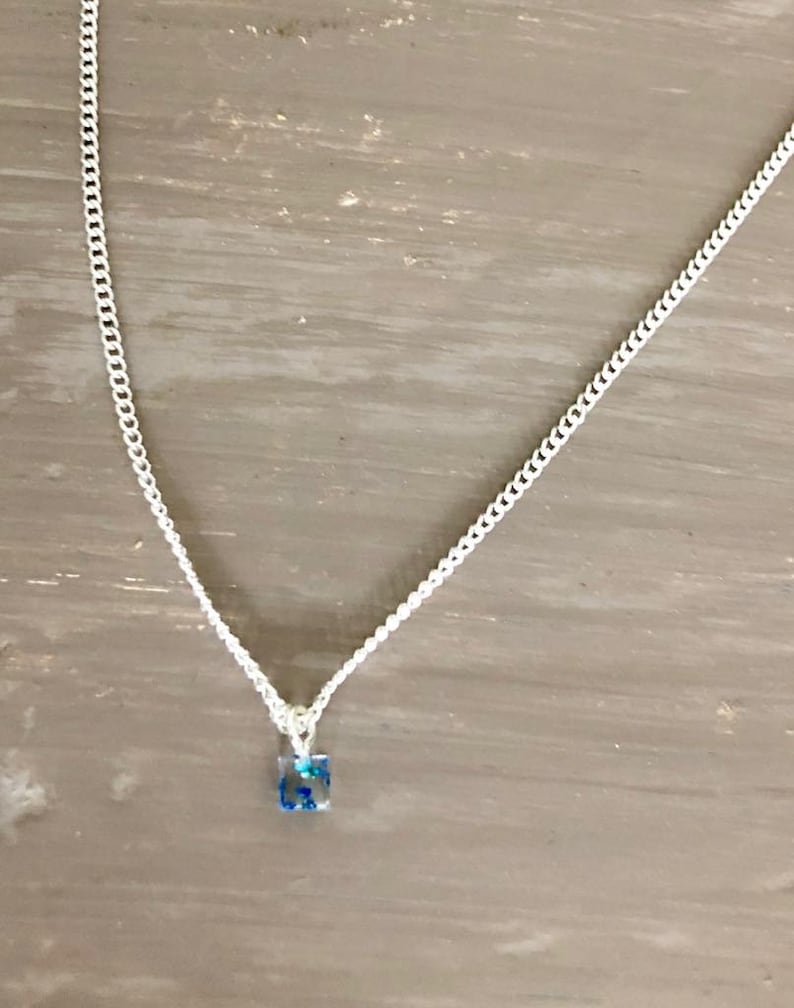 Elegant Tiny Flower Necklace Cute Silver Chain Aqua Cube Tiny Dried Flowers Simple Best Friend Gift Idea Light Dark Blue
