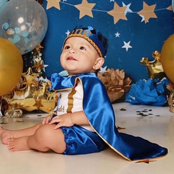 Royal Blue Prince King outfit smash cake photography bloomers cape adjustable crown onesie with suspenders bow tie personalized with name