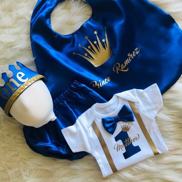 Royal Blue Prince King outfit first smash cake photography bloomers cape adjustable crown onesie suspenders bow tie personalized with name