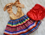 FIESTA cotton sarape sequence gold Mexican cinco de mayo dress for photoshoots and birthday party, halloween, easter for baby, toddler, girl