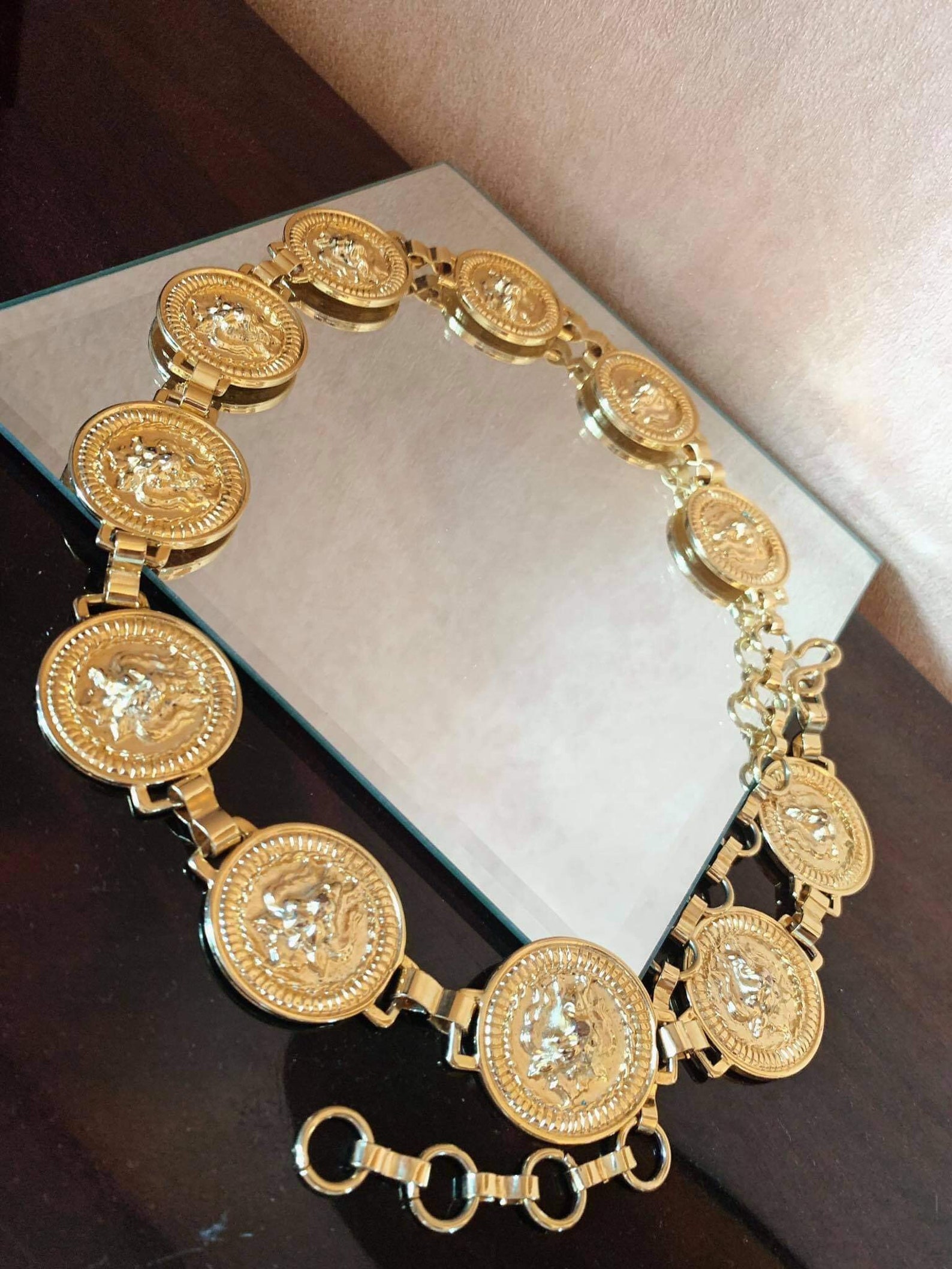 Vintage Versace style Goldtone metal Lion Coins Belt Necklace | Etsy
