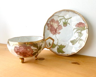 Vintage SHAFFORD Japan Geometric Opalescent Pink Rose Tea Cup and Saucer Set Triple Footed