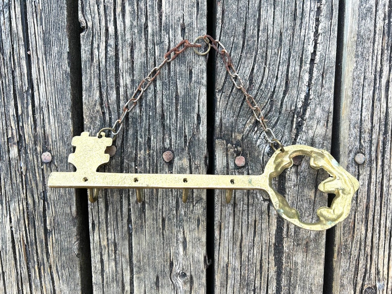 Vintage Brass Key Rack Holder Shape of Key With Chain Etsy
