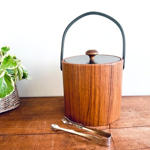 Midcentury Vintage Faux Wood Vinyl Tupperware Ice Bucket with Plastic Lining and Tongs