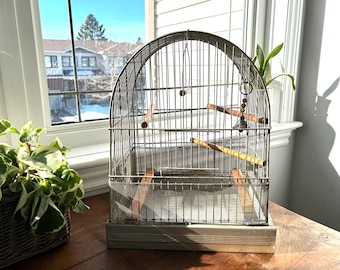 Vintage Metal Arched Birdcage with Wood Perches and Insert