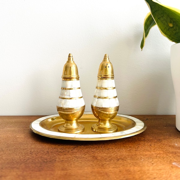 Elegant Set of Vintage Brass and Mother of Pearl Salt and Pepper Shakers with Brass Tray