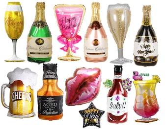 Cheers Balloon Bundle Bach wine glass decor Whiskey Beer cocktail balloons Champagne Bottle Flute party balloon Photo 21th birthday Drink