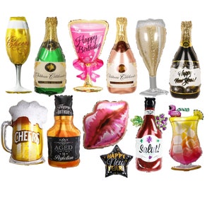 Cheers Balloon Bundle Bach wine glass decor Whiskey Beer cocktail balloons Champagne Bottle Flute party balloon Photo 21th birthday Drink