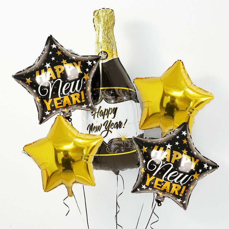 Cyber sale Happy New Year Balloon Bouquet New Years Eve Decorations New Years Eve Party Champagne star NYE 2026 Sign Black Gold Silver image 1