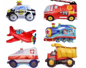Large Transportation Balloon Bundle Boy Birthday Party Transportation Birthday Foil Balloons 3ft Ambulance, Police, Plane, Train, Truck