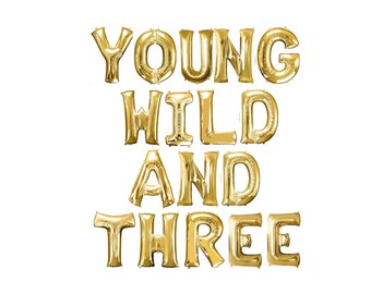 Puede incluir: Globos de letras de lámina dorada que deletrean "Young Wild And Three".