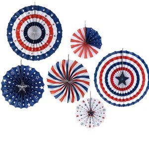 Set Of 6 Colorful Patriotic Hanging Fans Pinwheel Fan Welcome Home Candy Buffet Backdrop Independence Blue Red White USA Flag Party Decor