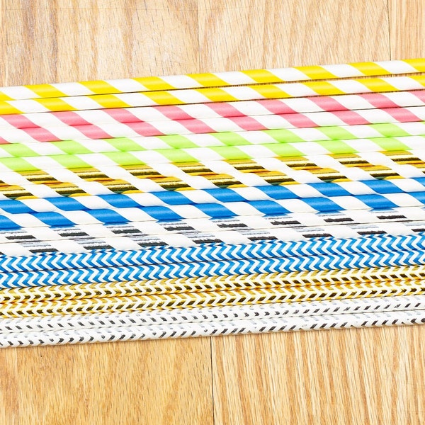 10/25/50 pcs Striped Paper Straws multi color assortment Bridal Baby Shower Birthday Party Bachelorette decor Gold Silver stiped