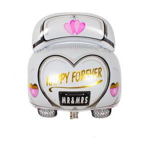 May include: White wedding-themed balloon shaped like a car, with the words "HAPPY FOREVER" in gold. Features a heart shape and pink hearts, with "MR & MRS" on a license plate.