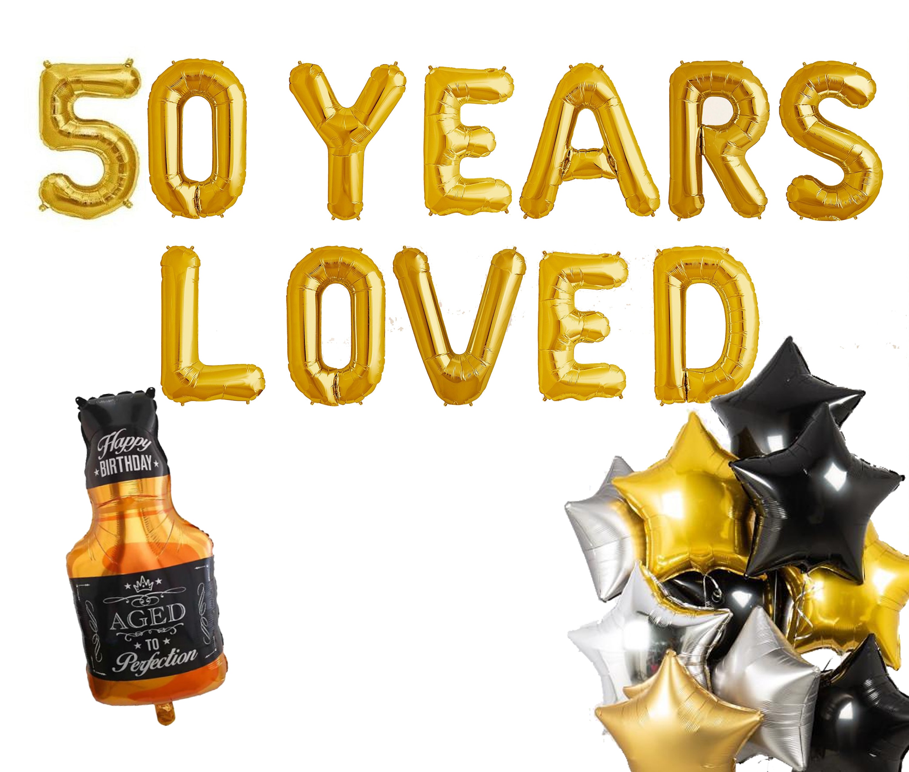 50 Years Loved, 50th Vow renewal we still DO banner Happy Birthday banners Gold Cheers Fifty 5 2 10 15 20 party decorations letter balloons