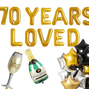 70 Years Loved, 70th birthday banner, Happy Birthday banners, Gold Cheers Seventy party decorations, custom birthday letter balloons banner