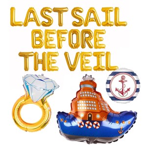 May include: Gold foil balloons spelling "Last Sail Before The Veil" with a blue and white anchor balloon, a blue and orange boat balloon, and a gold ring with a white diamond balloon.