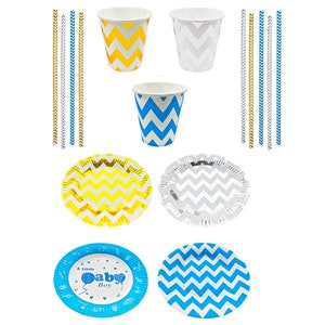 pack van 10 Chevron Papieren tafelbenodigdheden: Rietjes, Bekers, Borden Bruidssjecode Party Party 1 2 3 16 21 30 40 decor Silver Gold Blue