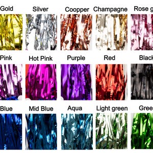 May include: A collection of 15 different colored metallic tinsel strands. The colors include gold, silver, copper, champagne, rose gold, pink, hot pink, purple, red, black, blue, mid blue, aqua, light green, and green.