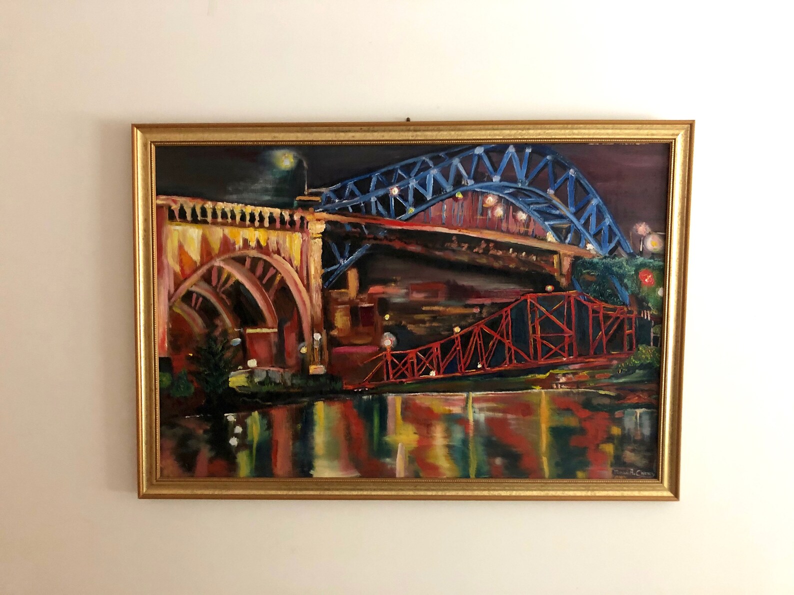 Cleveland lighted bridges large landscape oil painting Etsy