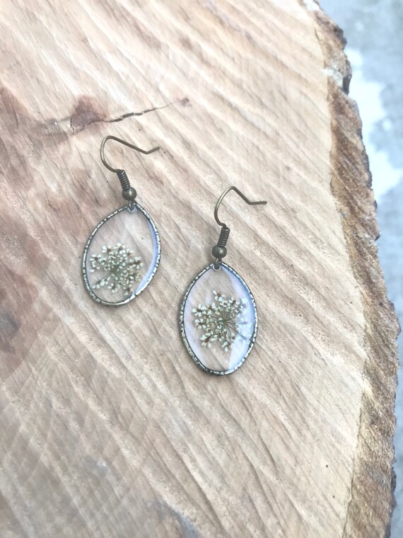 Boucles Doreilles Vraies Fleurs Sauvages Naturelles Gouttes En Résine Fait Main Sans Nickel