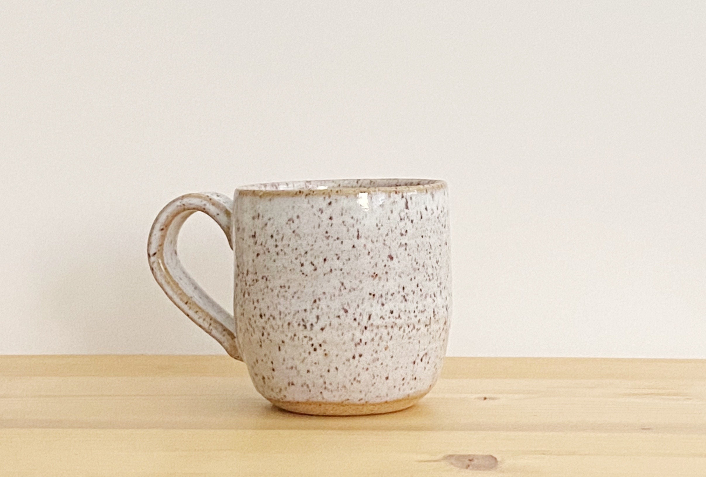 Coffee Mug Tea Handmade Ceramic Pottery Cup Gift 9 Oz Cappuccino Latte  Speckled Clay Stoneware White Minimalist Simple Modern Design Droplet 