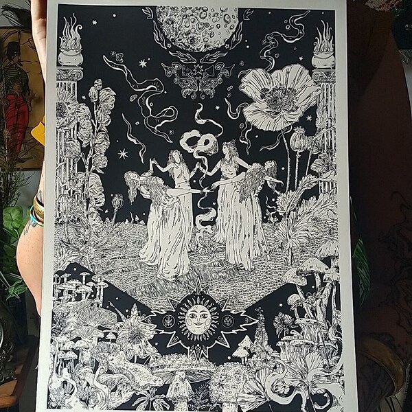 Sérigraphie A3 noir et blanc Les sorcières. Ésotérisme occulte witch art nature fleurs et champignons print poster déco graphic