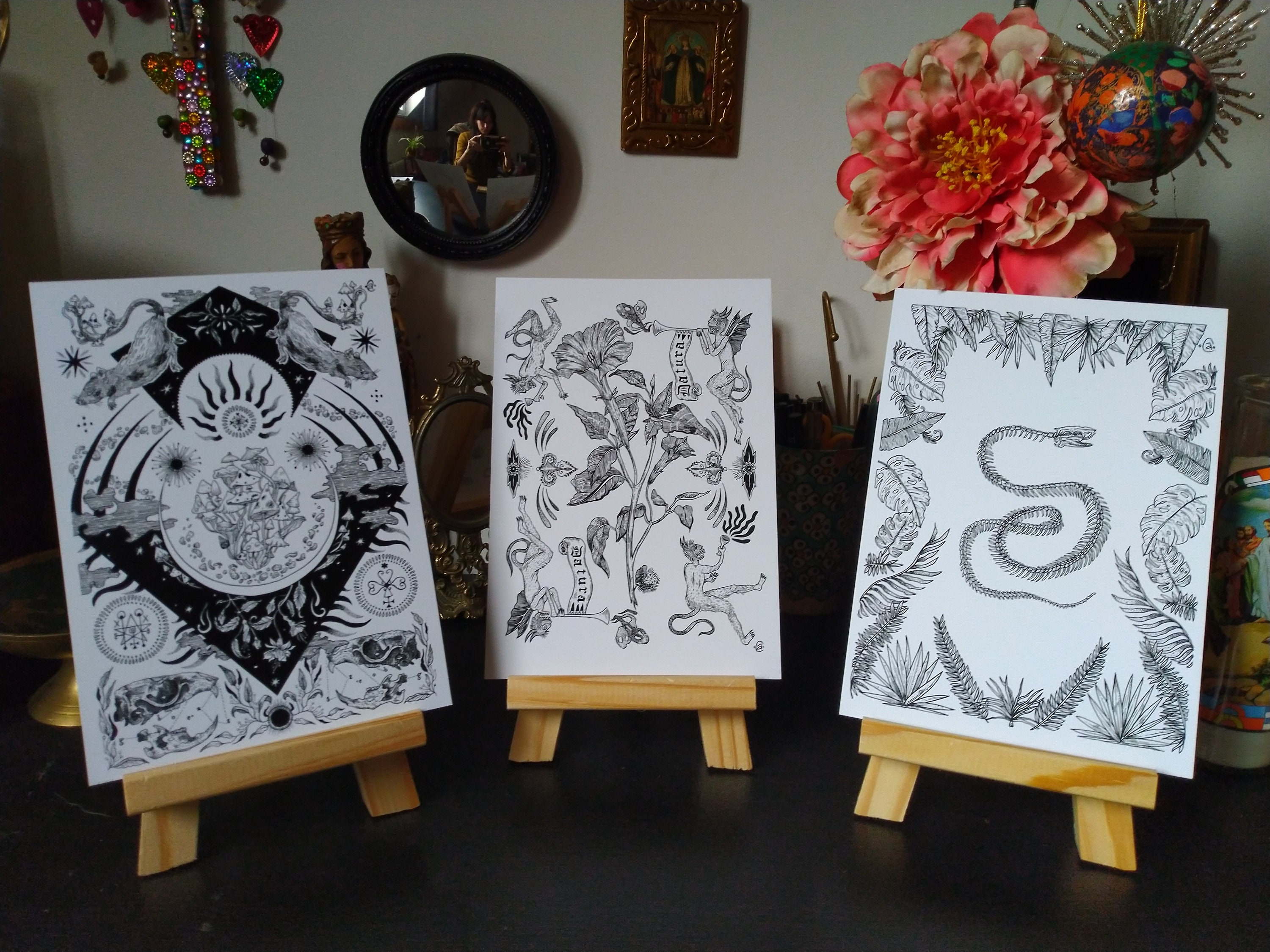 Illustrations Noir et Blanc.cartes.print.art.dessin.serpent.datura. Diables.psychedelicart.occultart