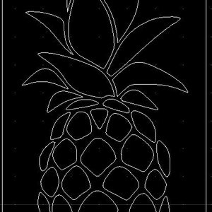 May include: A black and white line drawing of a pineapple with a detailed depiction of the leaves and the fruit.