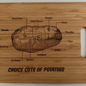May include: A bamboo cutting board with a potato diagram, labeled with various potato preparations like "French Fries" and "Mashed." The text "CHOICE CUTS OF POTATOES" is at the bottom. Features a handle cutout.