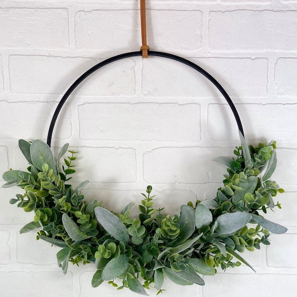 Modern Spring Eucalyptus Hoop Wreath,Minimalist Door Wreath,Modern Farmhouse Wall Decor,Neutral All Season Greenery Wreath,Boho Hoop Wreath
