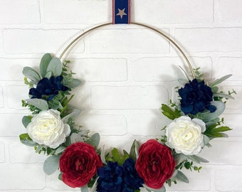 Patriotic Hoop Door Wreath,Red White Blue Wreath,Memorial Day Wreath,4th of July Wreath,Fourth of July Decor,Modern Americana Hoop Wreath