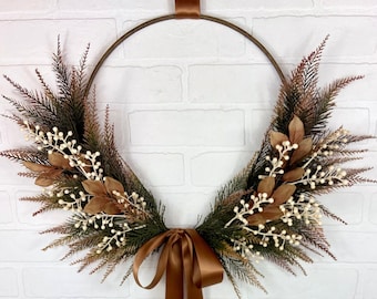 Winter Berry Front Door Wreath,White Berry Hoop Wreath,Neutral Leaf Wreath,Modern Farmhouse Fall Wall Decor,Copper All Season Hoop Wreath,