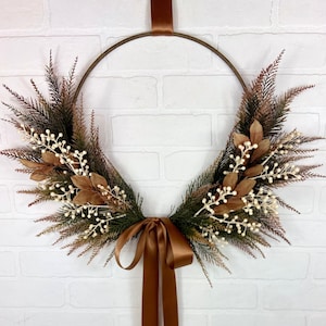 Winter Berry Front Door Wreath,White Berry Hoop Wreath,Neutral Leaf Wreath,Modern Farmhouse Fall Wall Decor,Copper All Season Hoop Wreath,