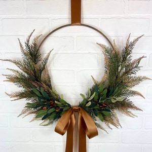 Winter Olive Front Door Wreath,Olive Branch Hoop Wreath,Modern Farmhouse All Season Olive Branch Wall Decor,Minimalist Hoop Wreath Wreath Copper Satin