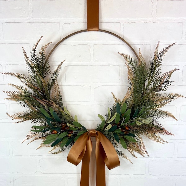 Winter Olive Front Door Wreath,Olive Branch Hoop Wreath,Modern Farmhouse All Season Olive Branch Wall Decor,Minimalist Hoop Wreath Wreath