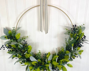 Modern Summer Blueberry Hoop Wreath,Everyday Boho Greenery Wreath,Minimalist Berry Front Door Wreath,Fall Blue Velvet Farmhouse Wall Decor,