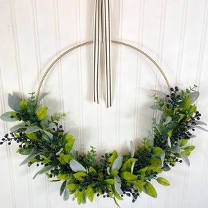 Modern Summer Blueberry Hoop Wreath,Everyday Boho Greenery Wreath,Minimalist Berry Front Door Wreath,Fall Blue Velvet Farmhouse Wall Decor,