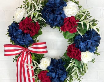 Elegant Patriotic Front Door Wreath,4th of July Wreath,Red White Blue Hydrangea Wreath,Fourth of July Boxwood Wreath,Modern Americana Wreath