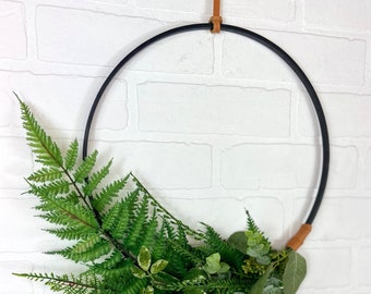 Modern Fern Door Wreath,Asymmetrical Eucalyptus Front Door Wreath,Greenery Hoop Wreath,Everyday Metal Hoop Wreath,Neutral Boho Door Decor